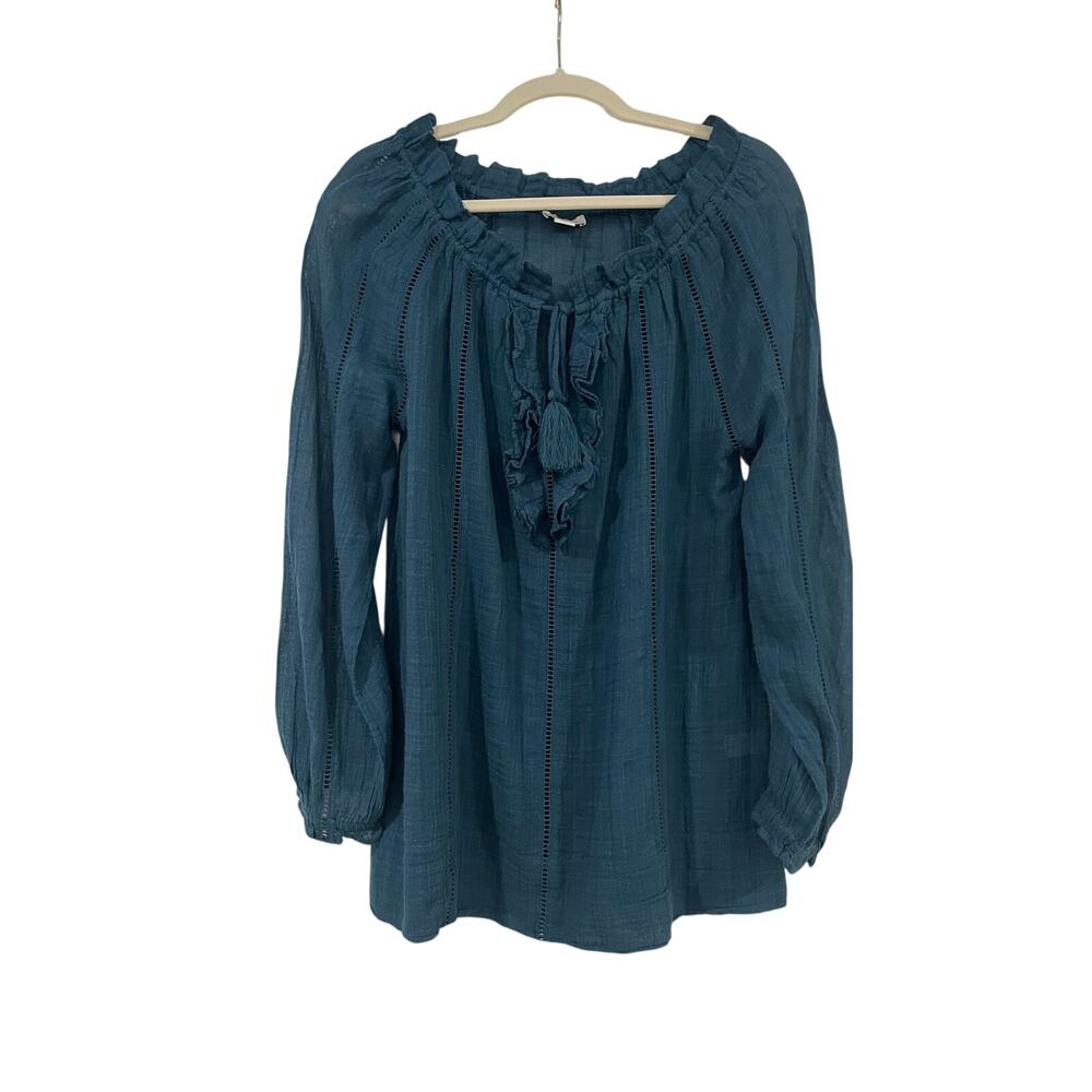 Sundance Teal Boho Tunic Blouse Tassel Scoop Neck S
